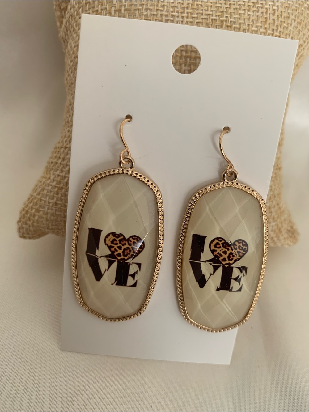 Gold-Trim Cream Leopard Heart LOVE Dangle Earrings